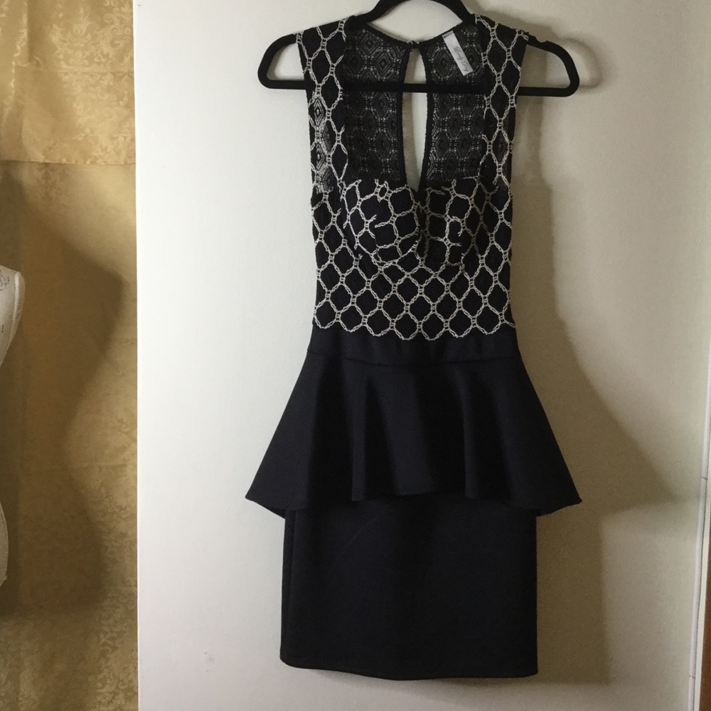 Lovely Day Black and Cream Lace Peplum Dress NWOT